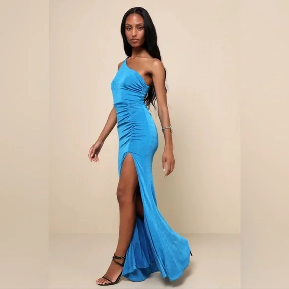 lulu Especially Breathtaking Blue Ruched One-Shoulder Maxi Dress - Picture 3 of 3